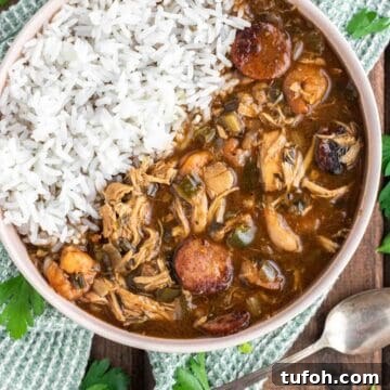 Bowl of authentic gumbo with rice on dish towel.