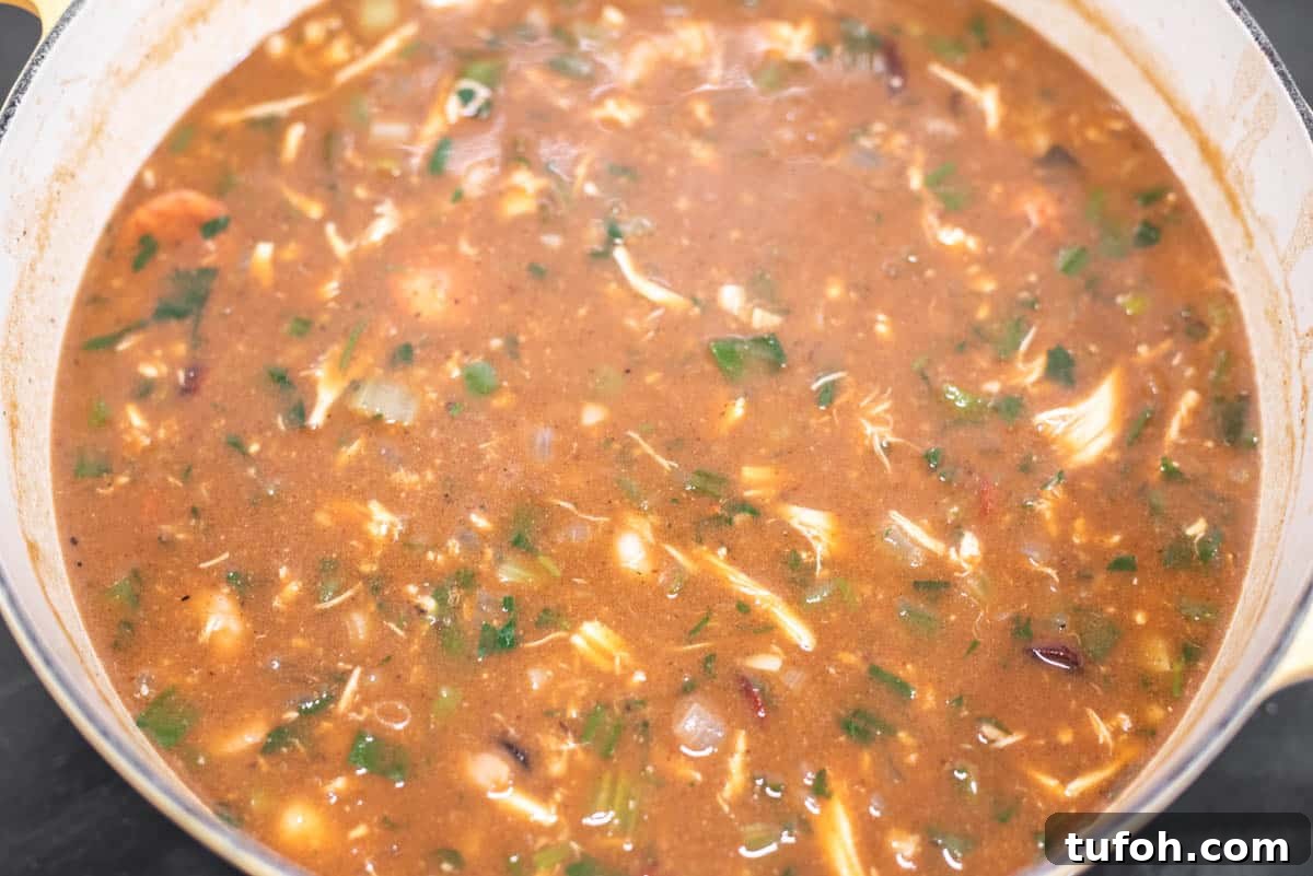 Gumbo simmering in Dutch oven.