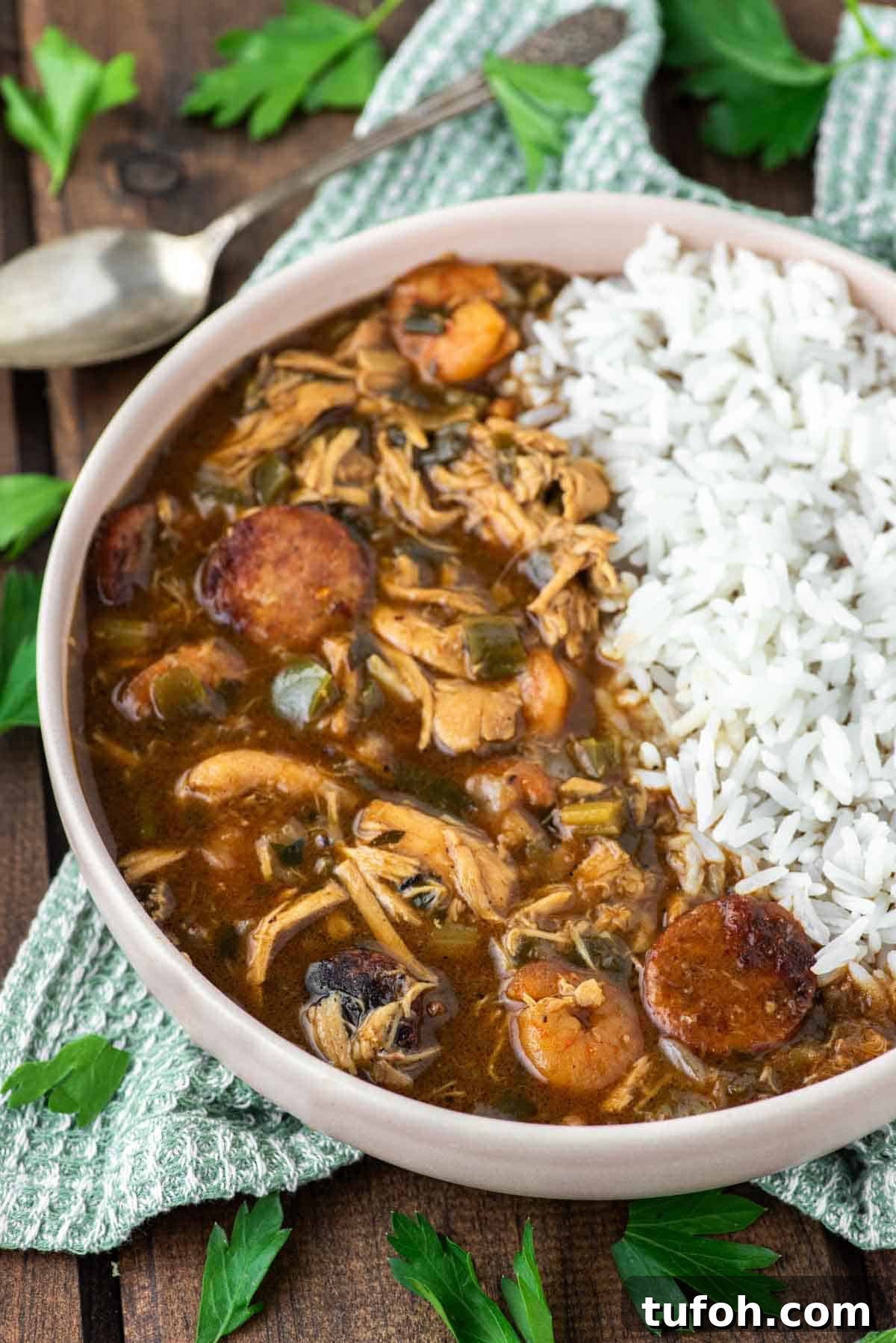 Bowl with gumbo and rice on dish towel.