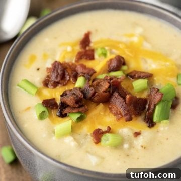 Loaded potato soup topped with bacon and cheese in grey bowl.