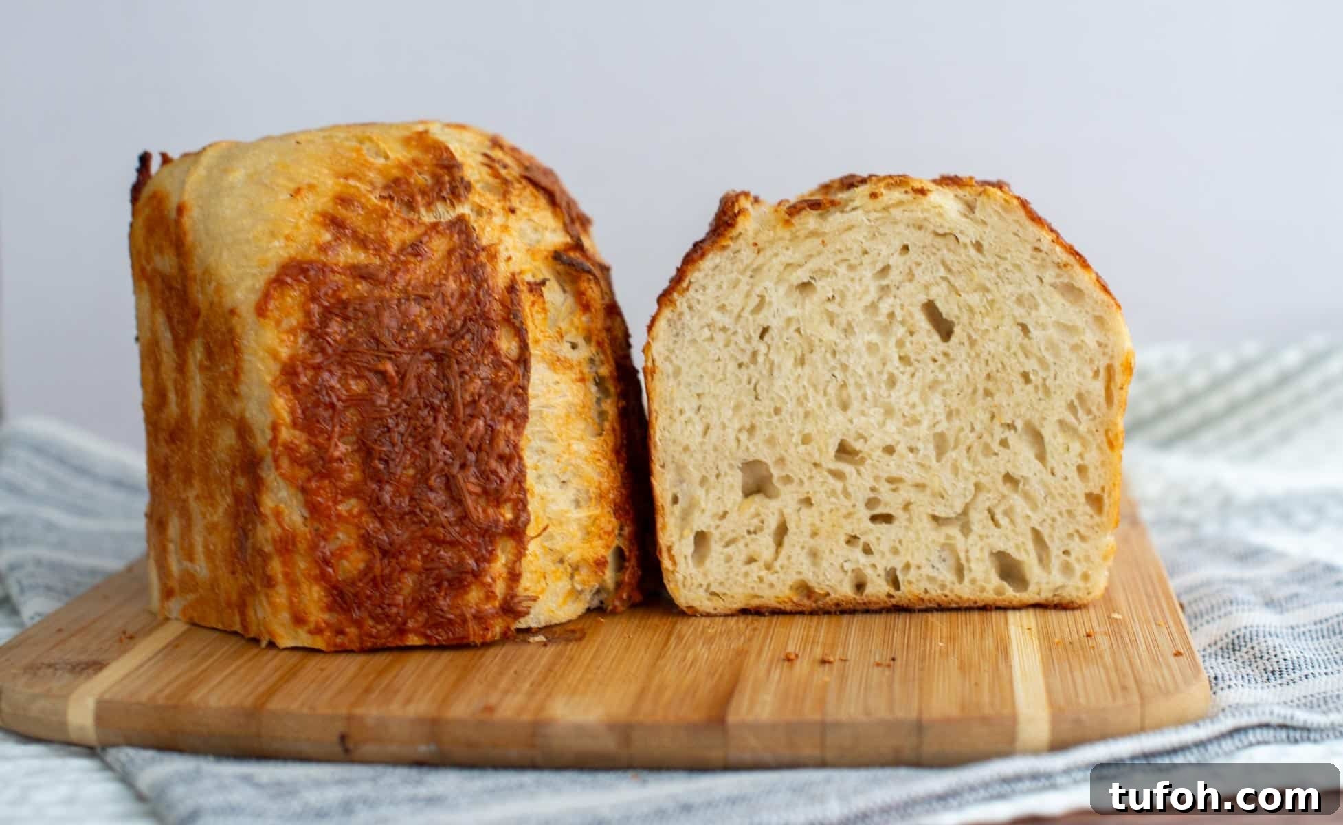 Asiago Sourdough Bagel Loaf Recipe: Chewy Crust, Tangy Interior 2 Two halves of sourdough bagel bread sit on a cutting board.