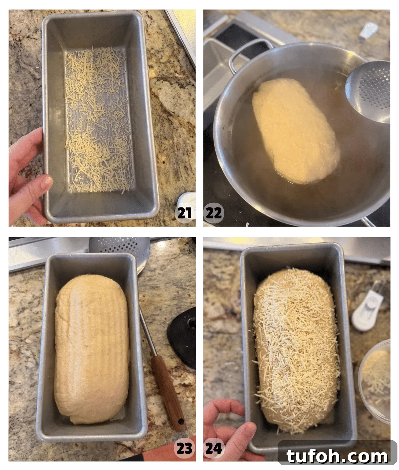 Asiago Sourdough Bagel Loaf Recipe: Chewy Crust, Tangy Interior 9 Loaf pan prepared with asiago cheese, dough after boiling, and loaf topped with shredded asiago.
