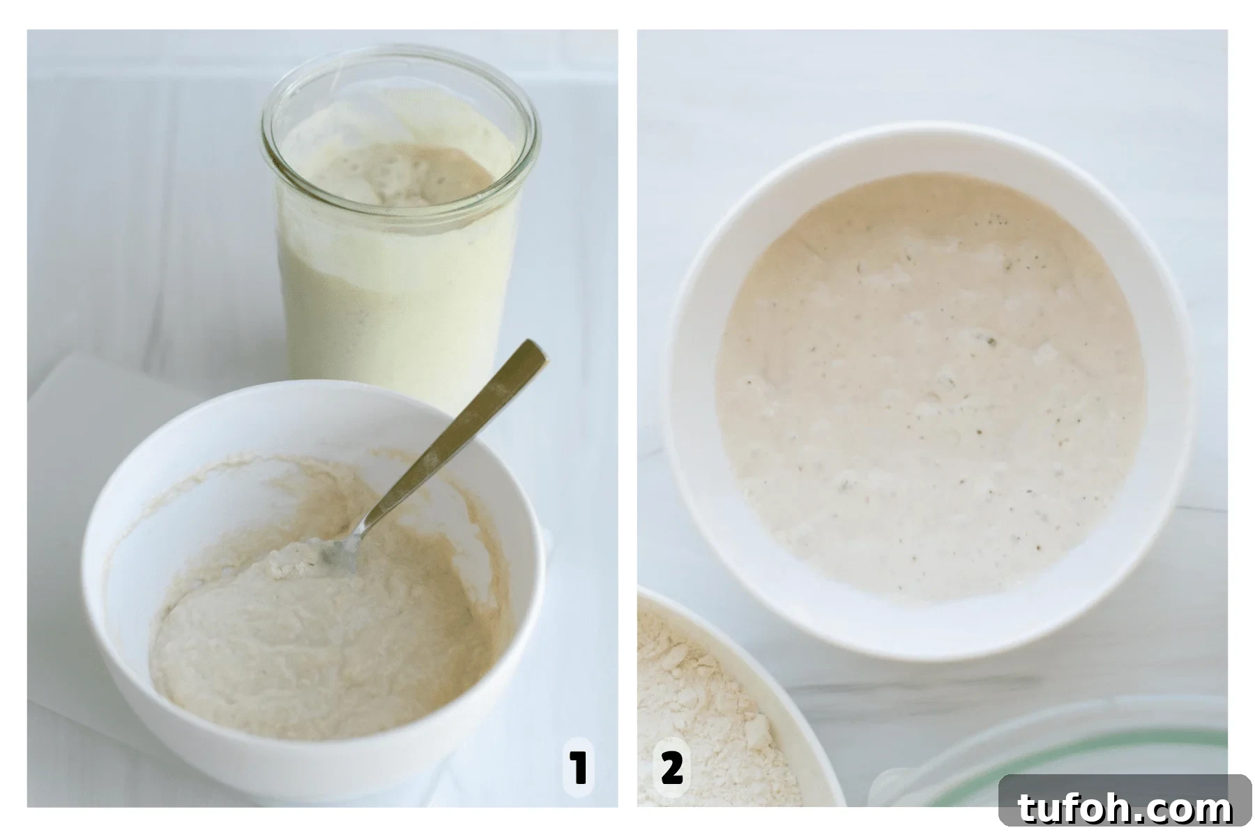 Asiago Sourdough Bagel Loaf Recipe: Chewy Crust, Tangy Interior 4 Side-by-side images showing the sourdough starter process.