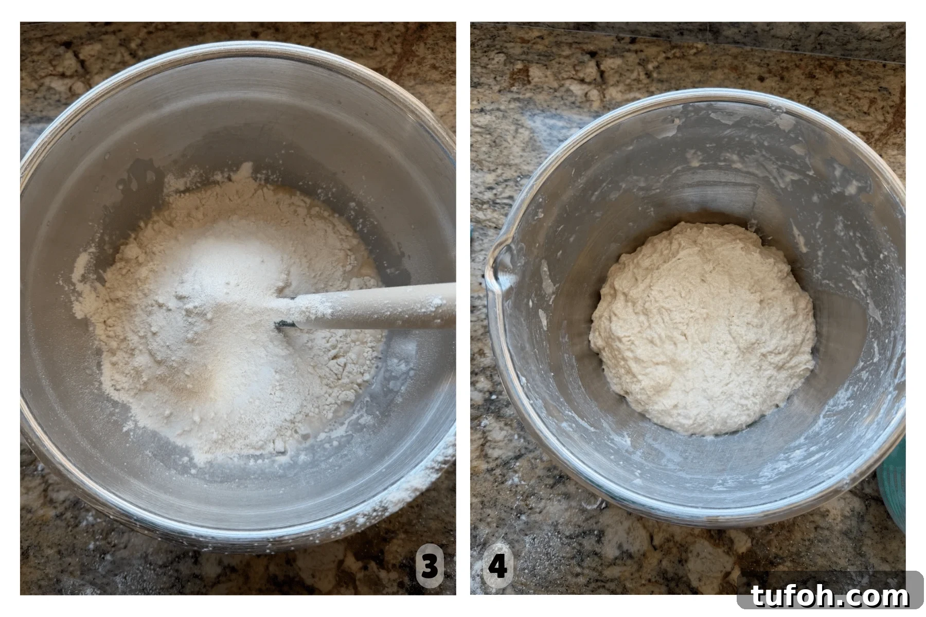 Asiago Sourdough Bagel Loaf Recipe: Chewy Crust, Tangy Interior 5 Flour being mixed into sourdough dough.