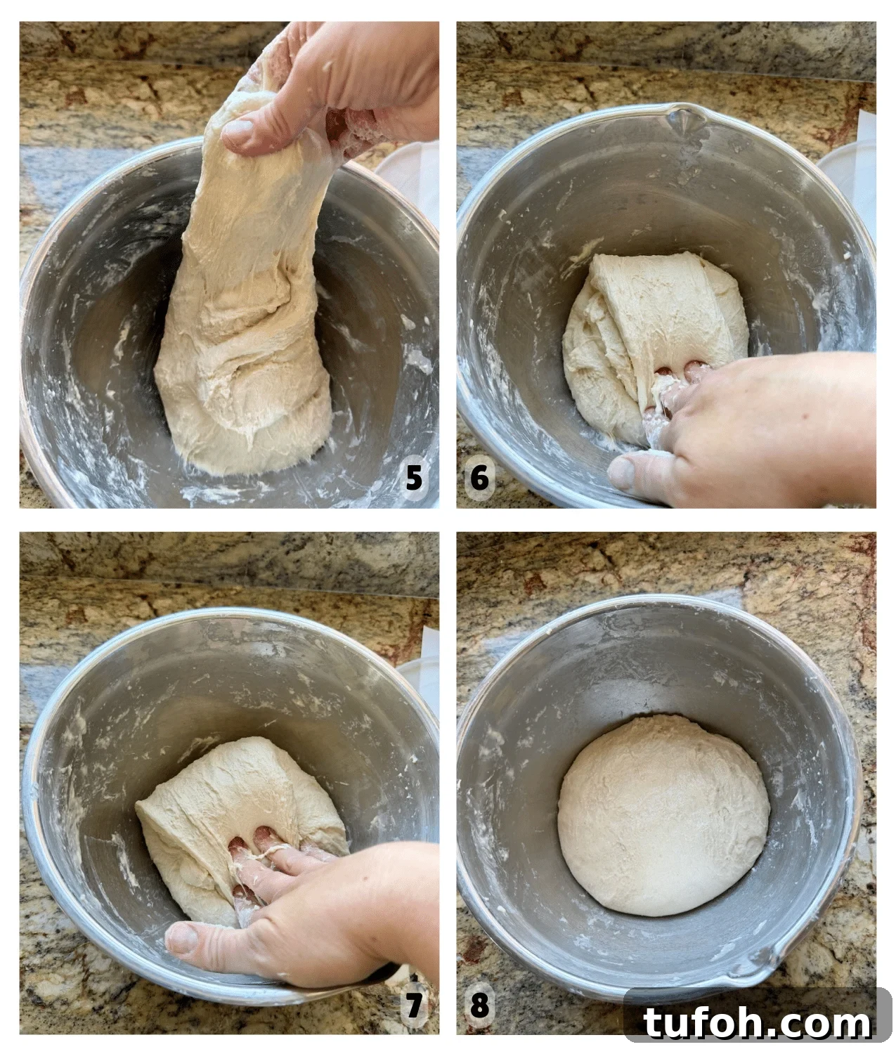 Asiago Sourdough Bagel Loaf Recipe: Chewy Crust, Tangy Interior 6 Dough being stretched and folded by hand.
