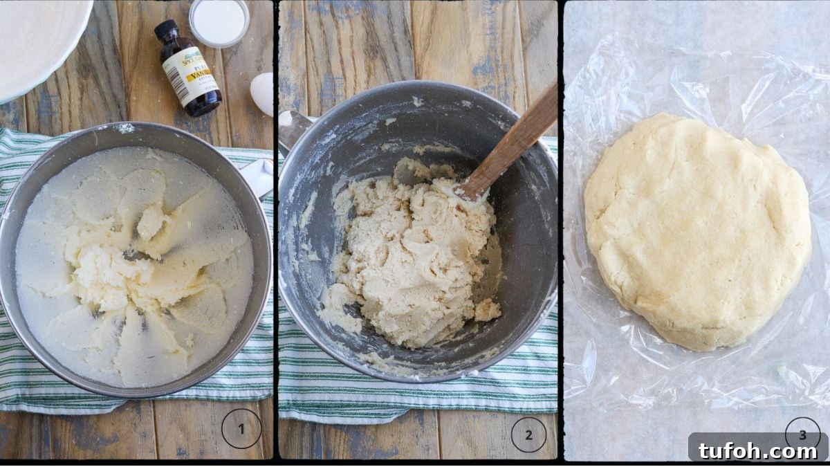 Soft Cut-Out Sugar Cookies Recipe for Tender, Perfect Shapes 6 step by step picture of 1 creaming butter and sugar 2 the dough 3 shaping dough into a disc