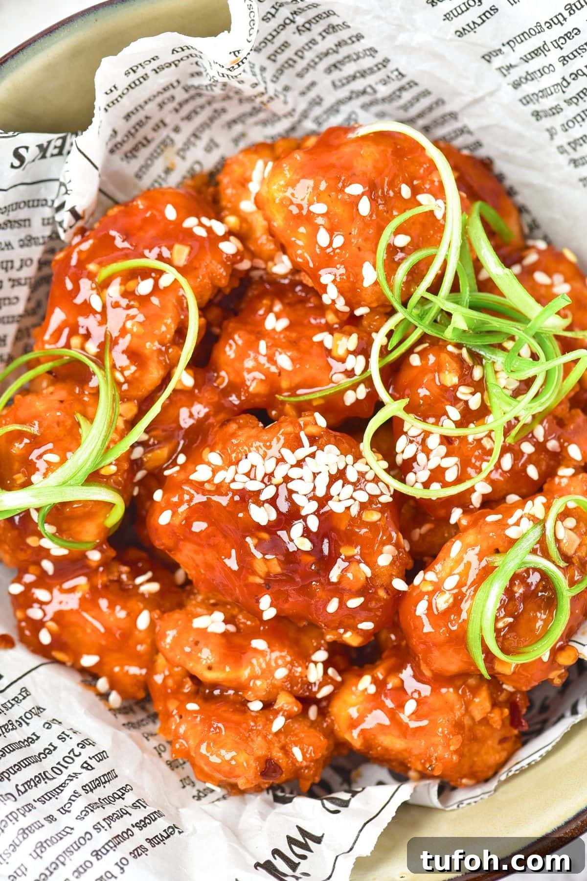 Korean Fried Chicken (Gluten-Free, Dairy-Free) A bowl of Korean fried chicken topped with sesame seeds and green onions