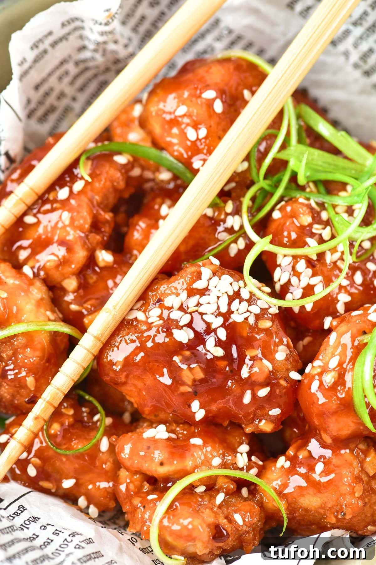 How to Make Korean Fried Chicken Up close view of chopsticks in Korean fried chicken