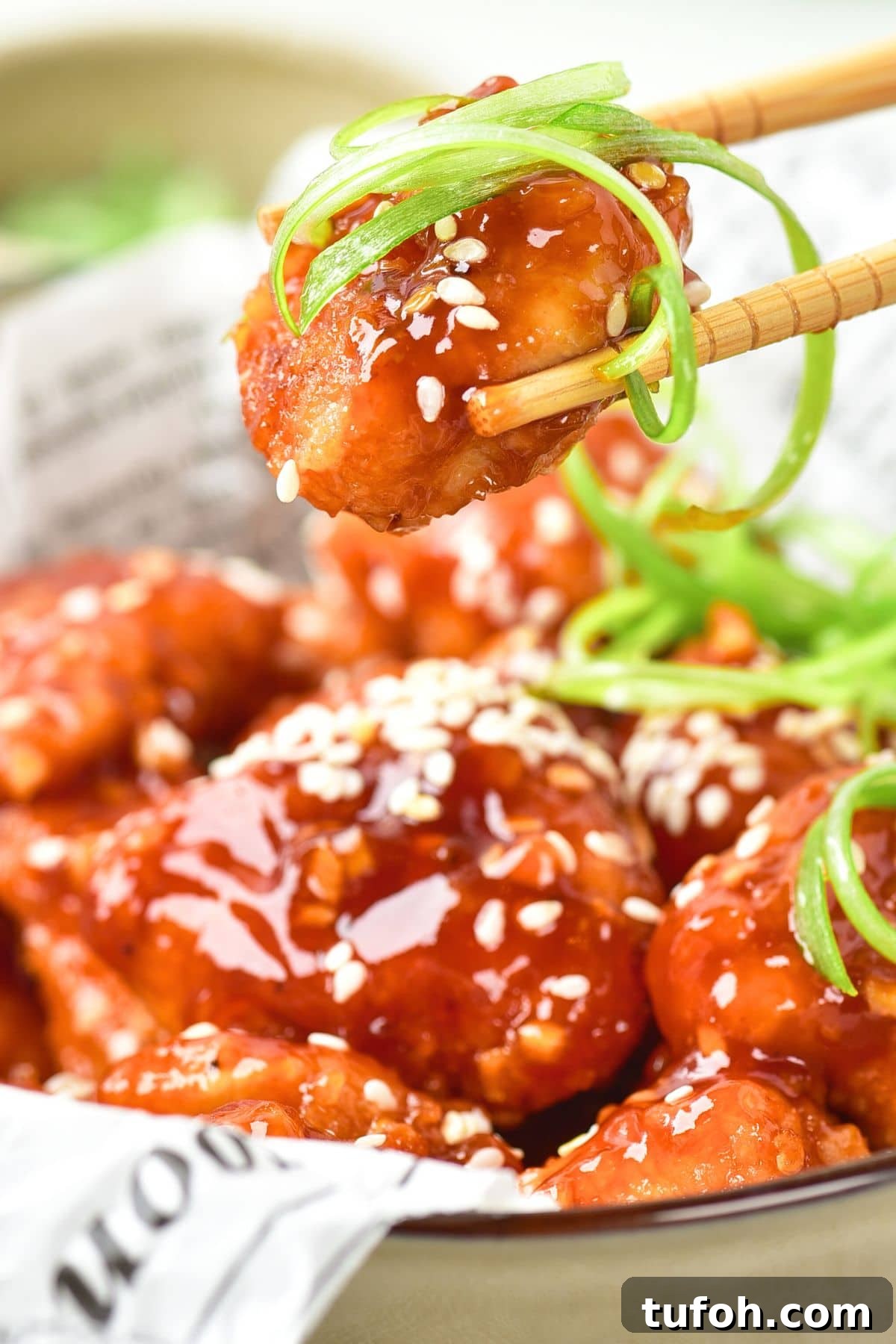 Gluten-Free Korean Fried Chicken Recipe — Crispy Dairy-Free Version 2 Chopsticks holding up a piece of sesame sprinkled fried chicken in sauce