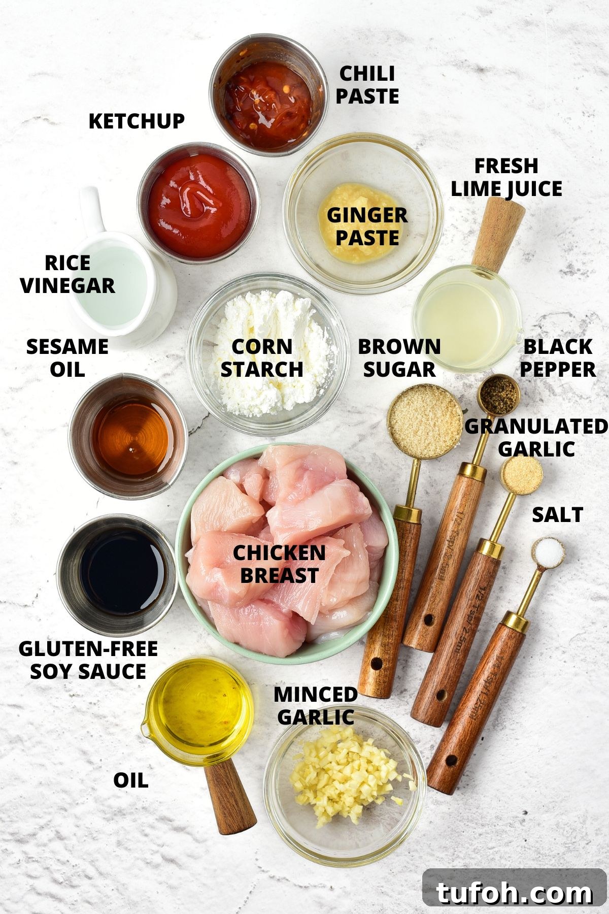 Korean Fried Chicken Recipe (Gluten-Free, Dairy-Free) Ingredients for Korean fried chicken recipe laid out on marble board.