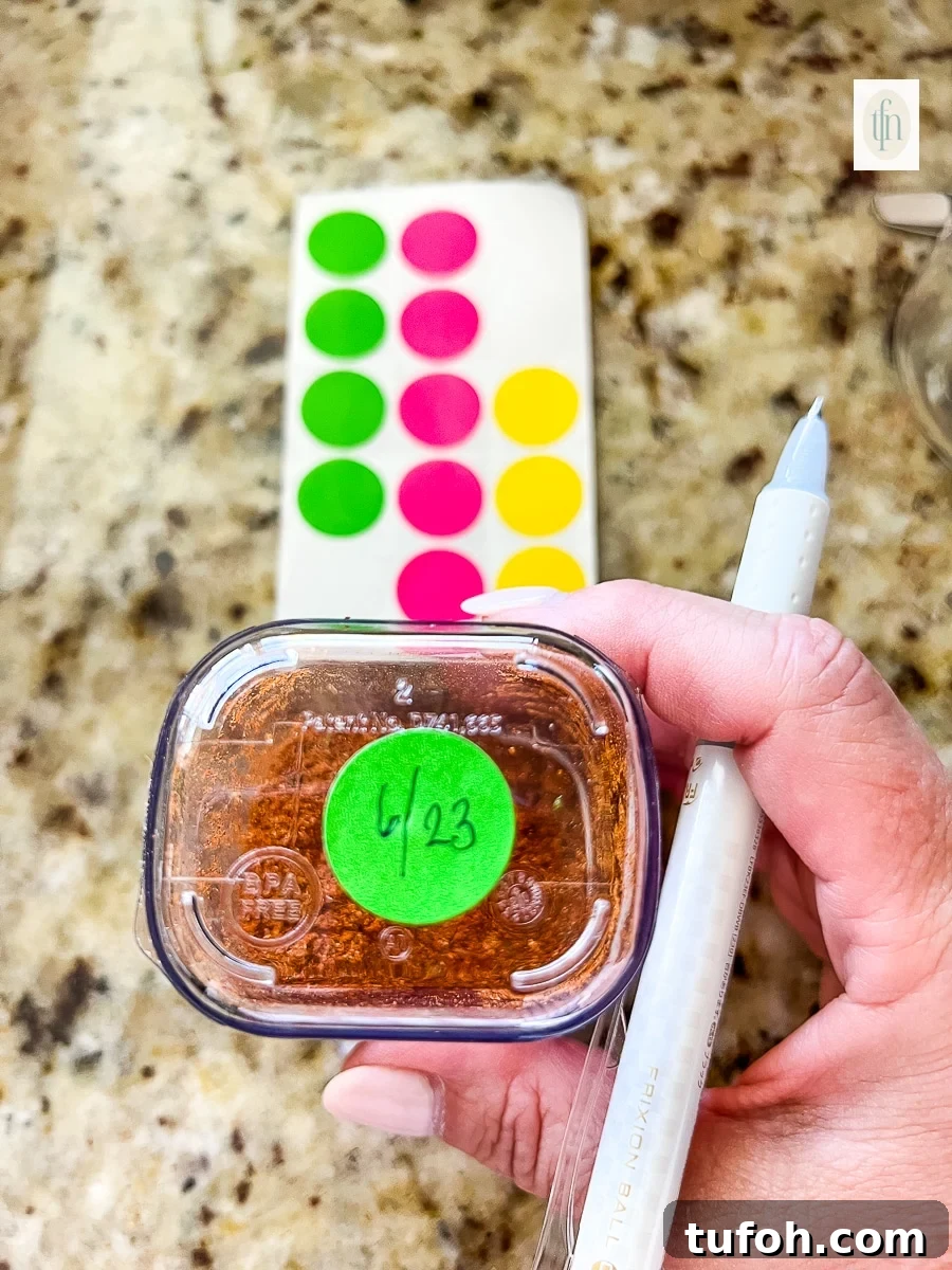 Small green sticker with expiration date for pantry spices written on it.
