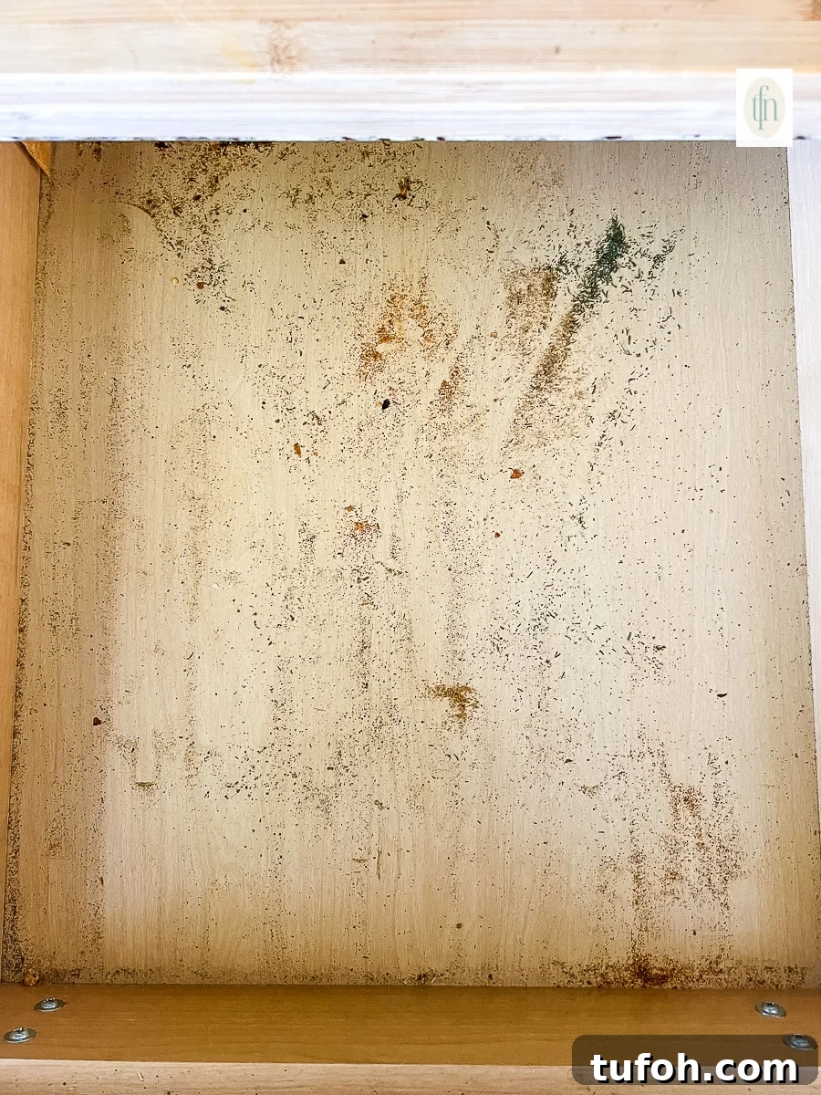 Dirty kitchen drawer filled with particles of spices that have gone bad.