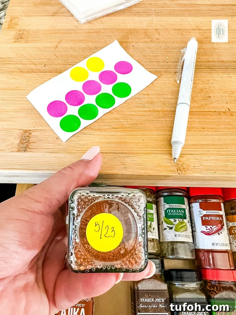 Decluttering and organizing a spice drawer with labeled containers.