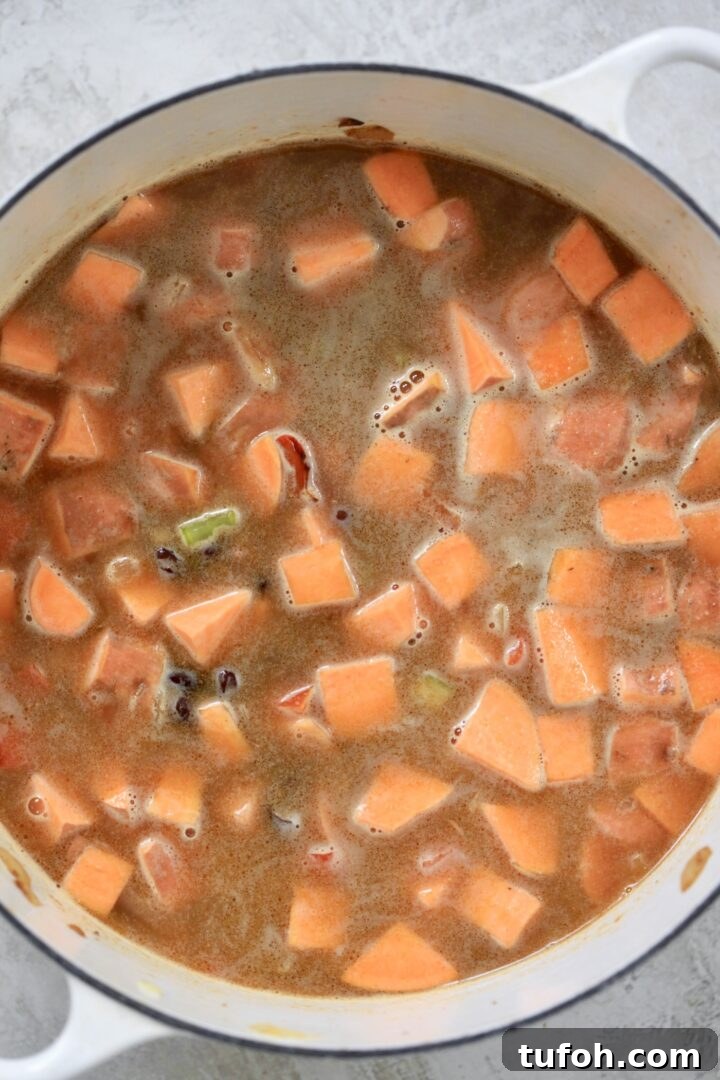 Creamy Dairy-Free Sweet Potato and Black Bean Soup Recipe 6 sweet potatoes and broth in soup pot