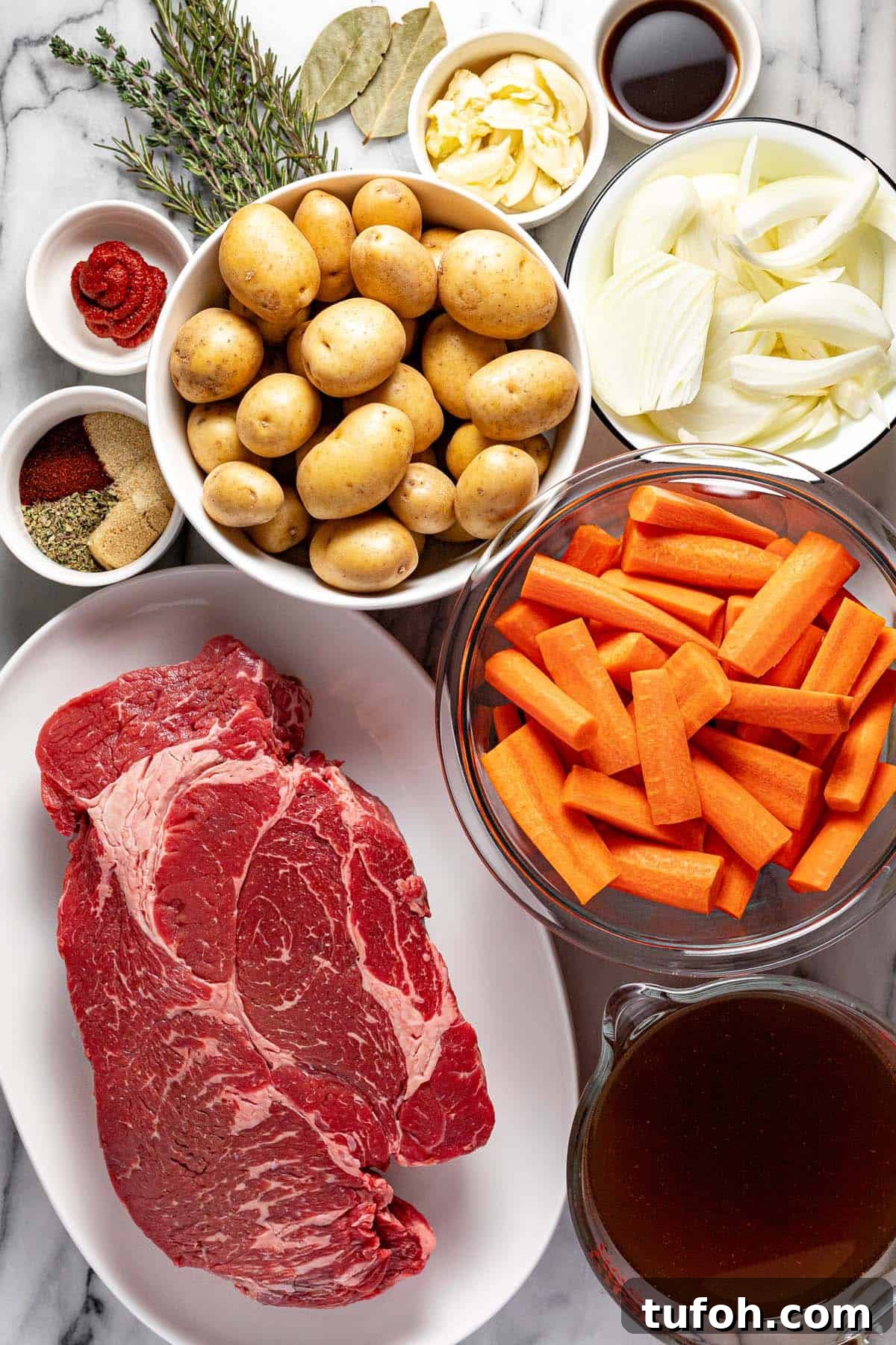 Slow-Cooker Pot Roast with Rich Homemade Gravy 3 Bowls of ingredients to make slow cooker pot roast.