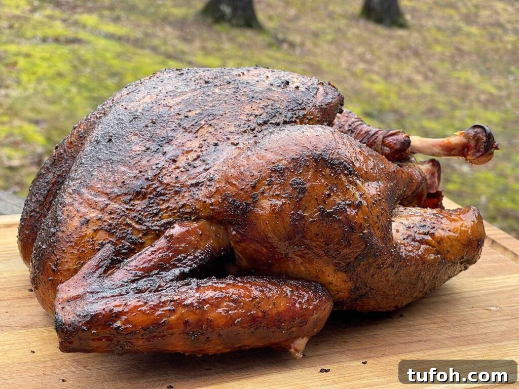 Perfect Whole Smoked Turkey: Year-Round Smoking Guide 11 A whole smoked turkey on a wooden cutting board.
