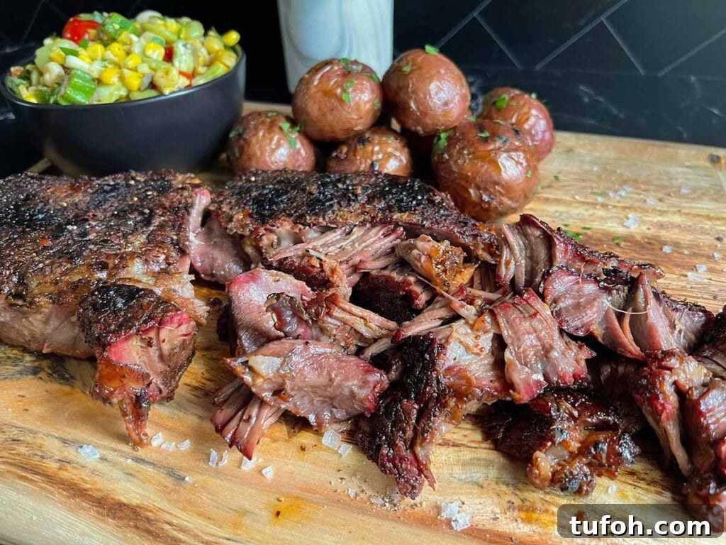 Perfect Whole Smoked Turkey: Year-Round Smoking Guide 12 Smoked chuck roast with grilled potatoes and succotash on a wooden board.