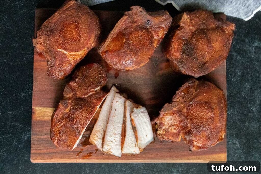 Perfect Whole Smoked Turkey: Year-Round Smoking Guide 13 Double bone in pork chops sliced on a cutting board.