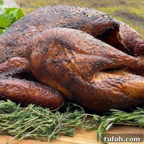Perfect Whole Smoked Turkey: Year-Round Smoking Guide 15 A whole smoked turkey on a wooden cutting board with fresh herbs.