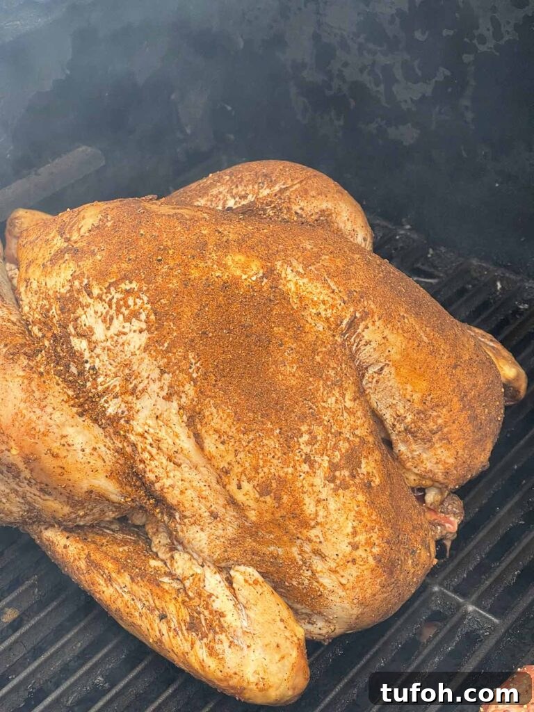 Perfect Whole Smoked Turkey: Year-Round Smoking Guide 7 A turkey on a smoker, covered in spices.