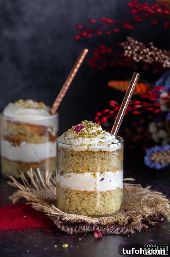 Thandai Cake in a Jar: Creamy Saffron-Pistachio Dessert Jar 2 cake jars layered with cake, whipped cream with flowers placed in the background