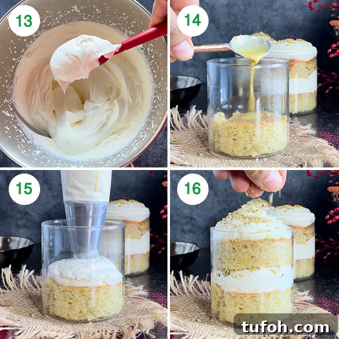 Thandai Cake in a Jar: Creamy Saffron-Pistachio Dessert Jar 7 step by step picture collage of making thandai cake jars