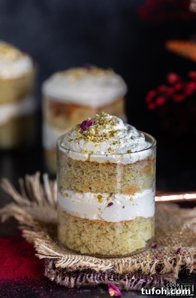 Thandai Cake in a Jar: Creamy Saffron-Pistachio Dessert Jar 8 cake jars layered with cake, whipped cream with flowers placed in the background