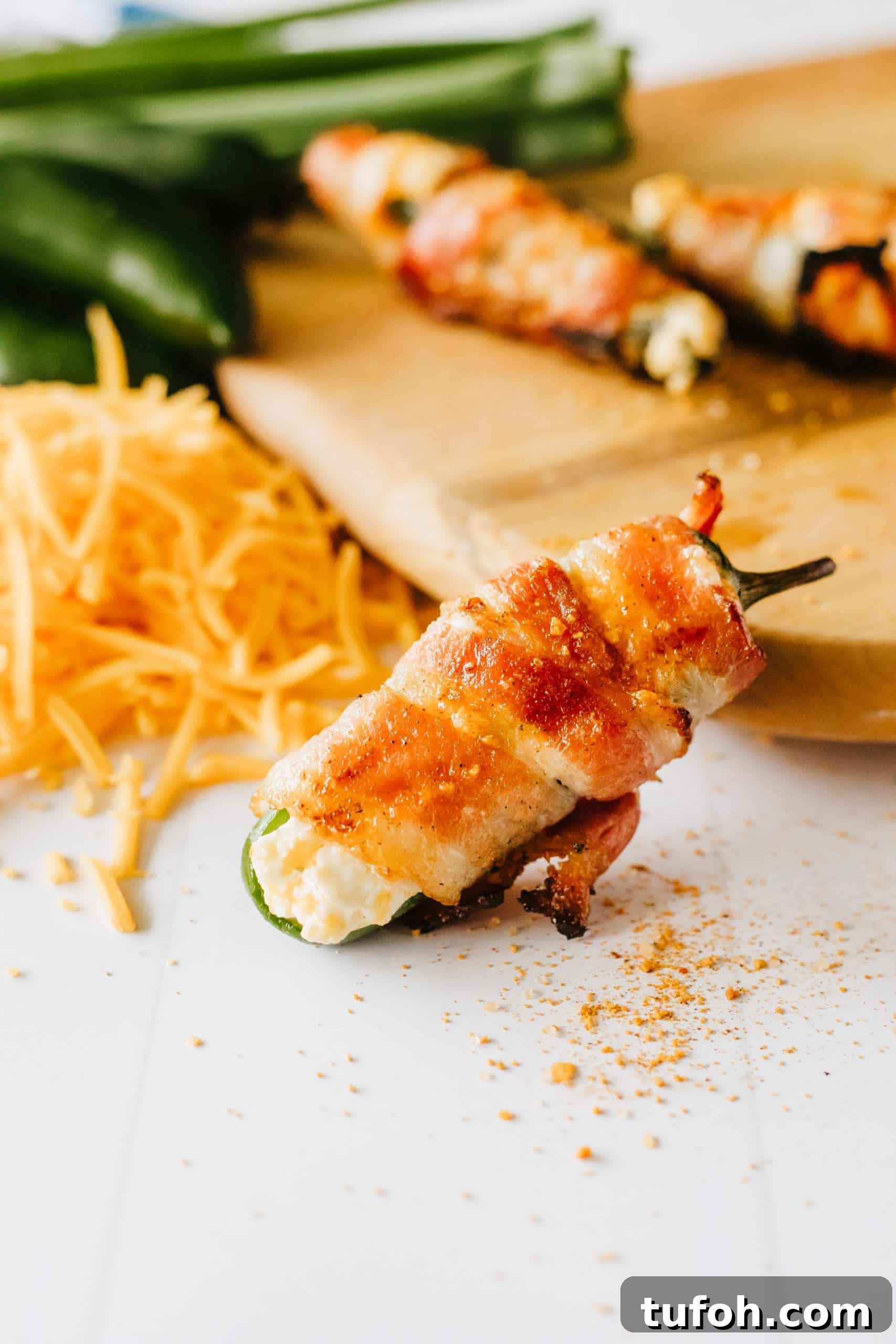 a grilled jalapeno popper with bacon resting on a wooden cutting board