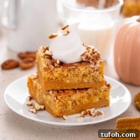 Close up image of two slices of pumpkin crunch cake stacked on a white plate.