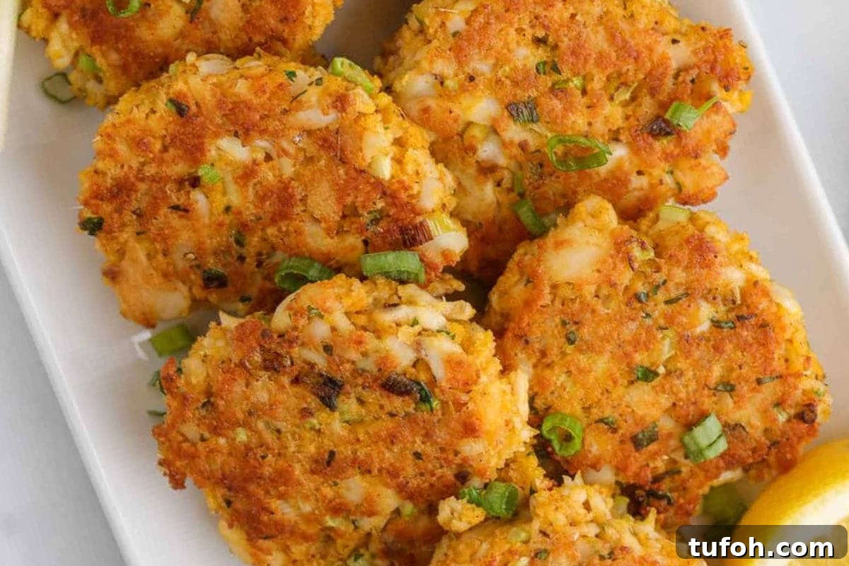 Golden-brown seafood patties garnished with green onions, served on a white plate with a slice of lemon.