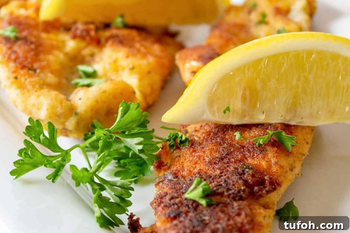 A close-up of crispy pan-fried fish fillets garnished with fresh parsley and served with lemon wedges on a white plate.
