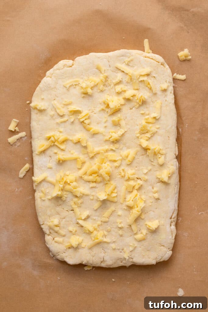 Gluten-Free Cheddar Biscuits: Red Lobster Copycat Recipe 6 Gluten free cheddar biscuits dough rolled out with cheese grated on top