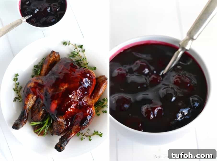 Balsamic Roasted Chicken with Cherry Pan Sauce 3 Balsamic Roasted Chicken smothered with a homemade Easy Cherry Sauce served on a white plate
