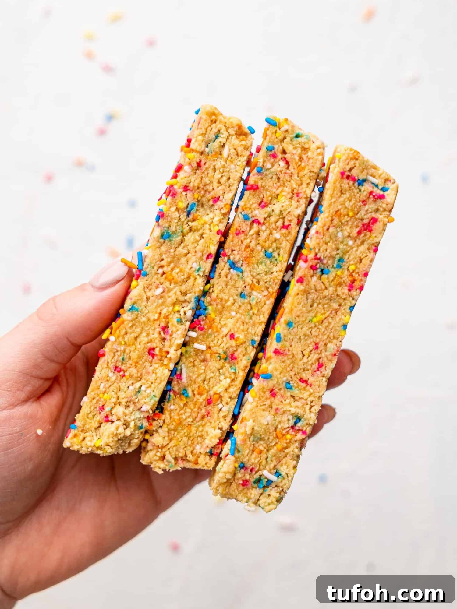 A hand holding three birthday cake protein bars.
