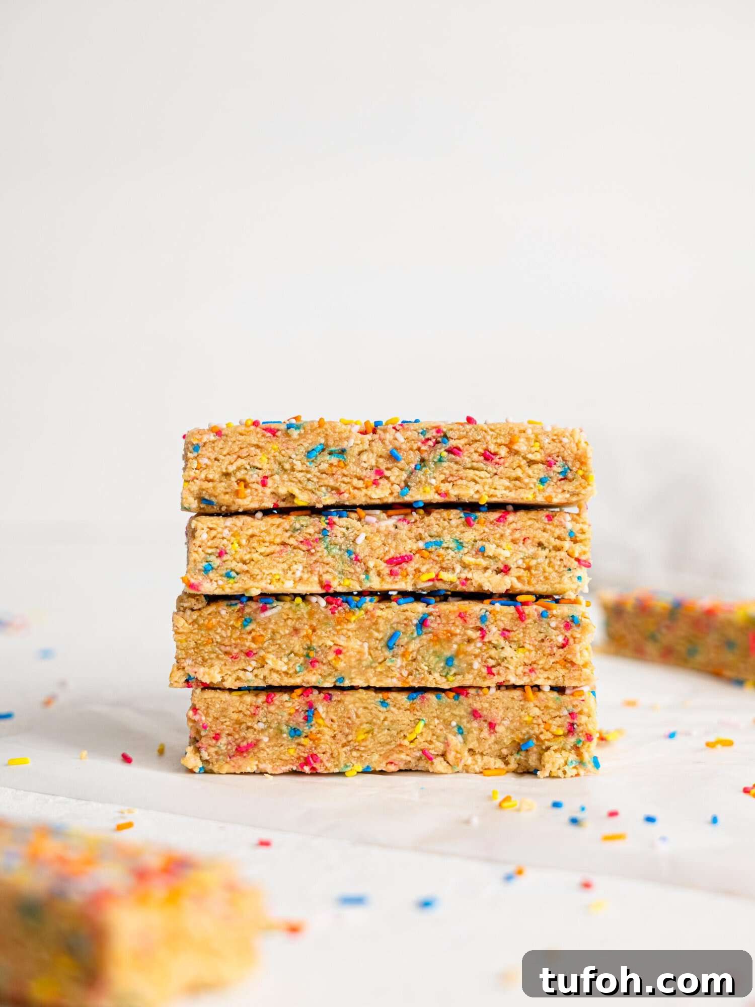 Four birthday cake protein bars stacked on top of each other.