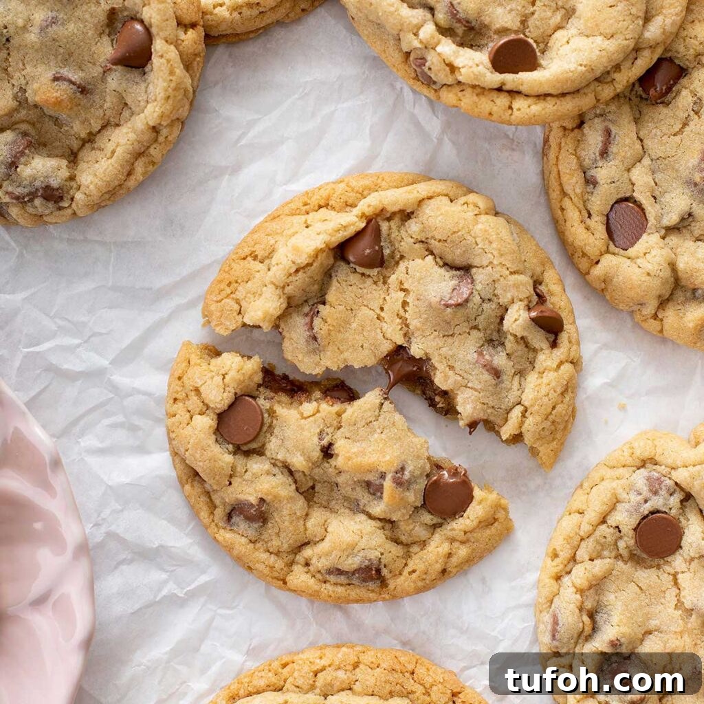 Copycat crumbl chocolate chip cookie cut in half showing gooey chocolate