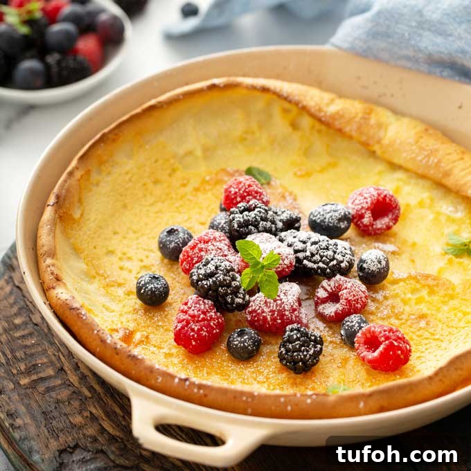 a dutch baby pancake topped with berries and powdered sugar