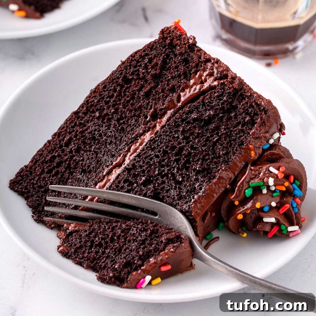 Piece of chocolate cake with chocolate frosting and sprinkles on a white plate