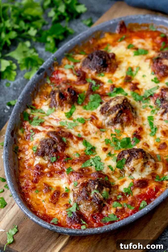 Overhead photo of One-Pot Cheesy Baked Meatballs