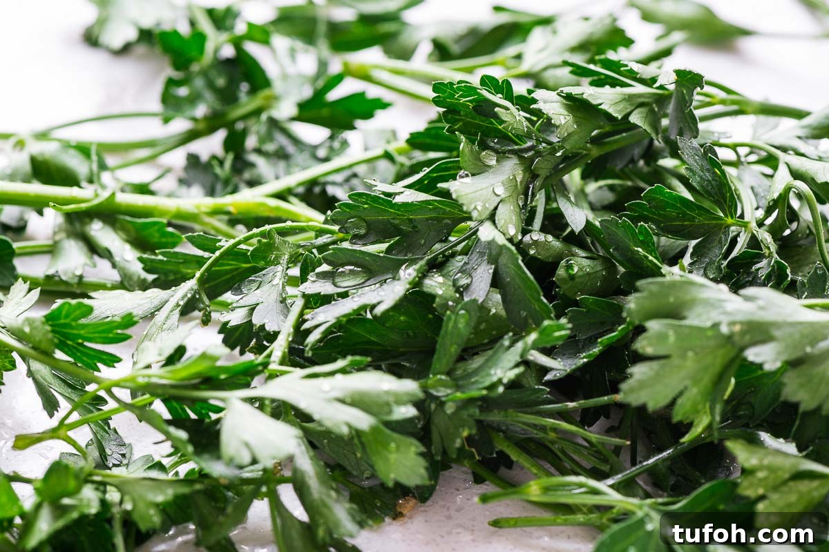 Oven-Dried Parsley: A Simple Guide for Long-Lasting Flavor 4 A macro close-up shot of wet parsley with drops of water.