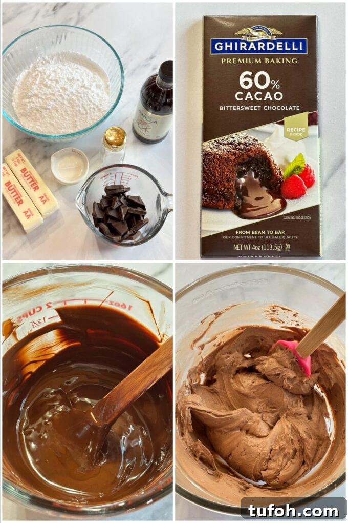Chocolate buttercream frosting being piped.