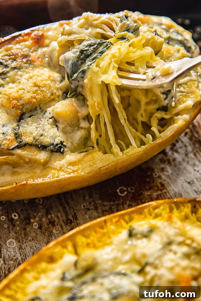 Spaghetti squash with spinach and artichoke stuffing