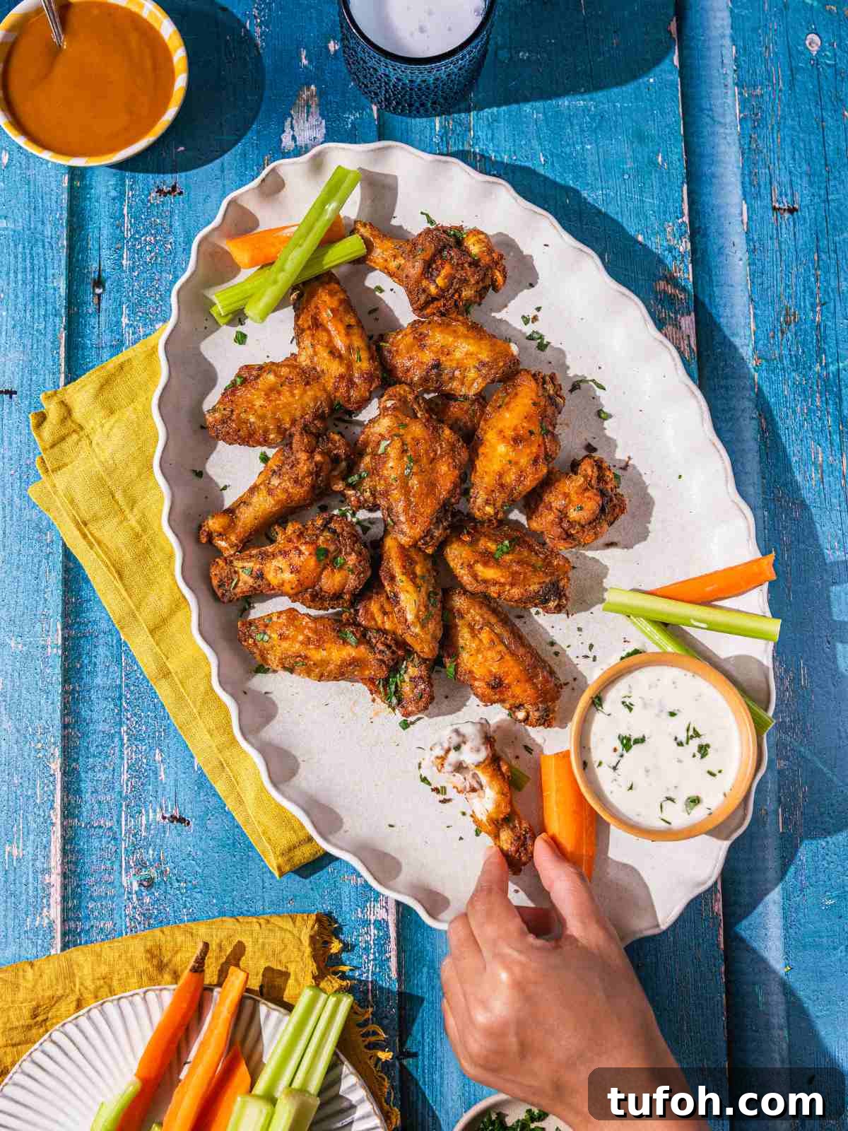 Air Fryer Frozen Chicken Wings (Cook Without Thawing) 2 baked wings on a platter with dipping sauce and veggies.
