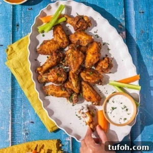 Air Fryer Frozen Chicken Wings (Cook Without Thawing) 13 Air fryer frozen wings on a platter with carrots and celery and ranch dressing.