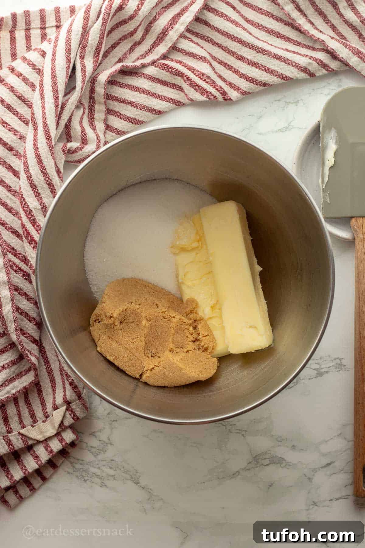 Chewy Sourdough Oatmeal Cookies with Brown Butter 4 Butter and sugars in metal mixing bowl.