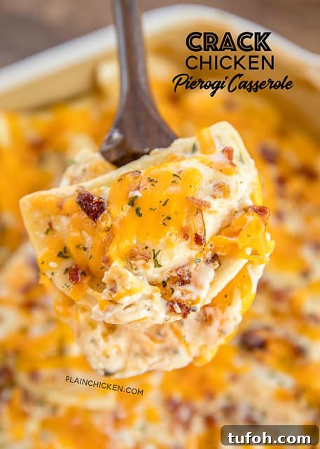 Crack Chicken Pierogi Casserole - frozen pierogies, alfredo, ranch, bacon, cheddar and chicken