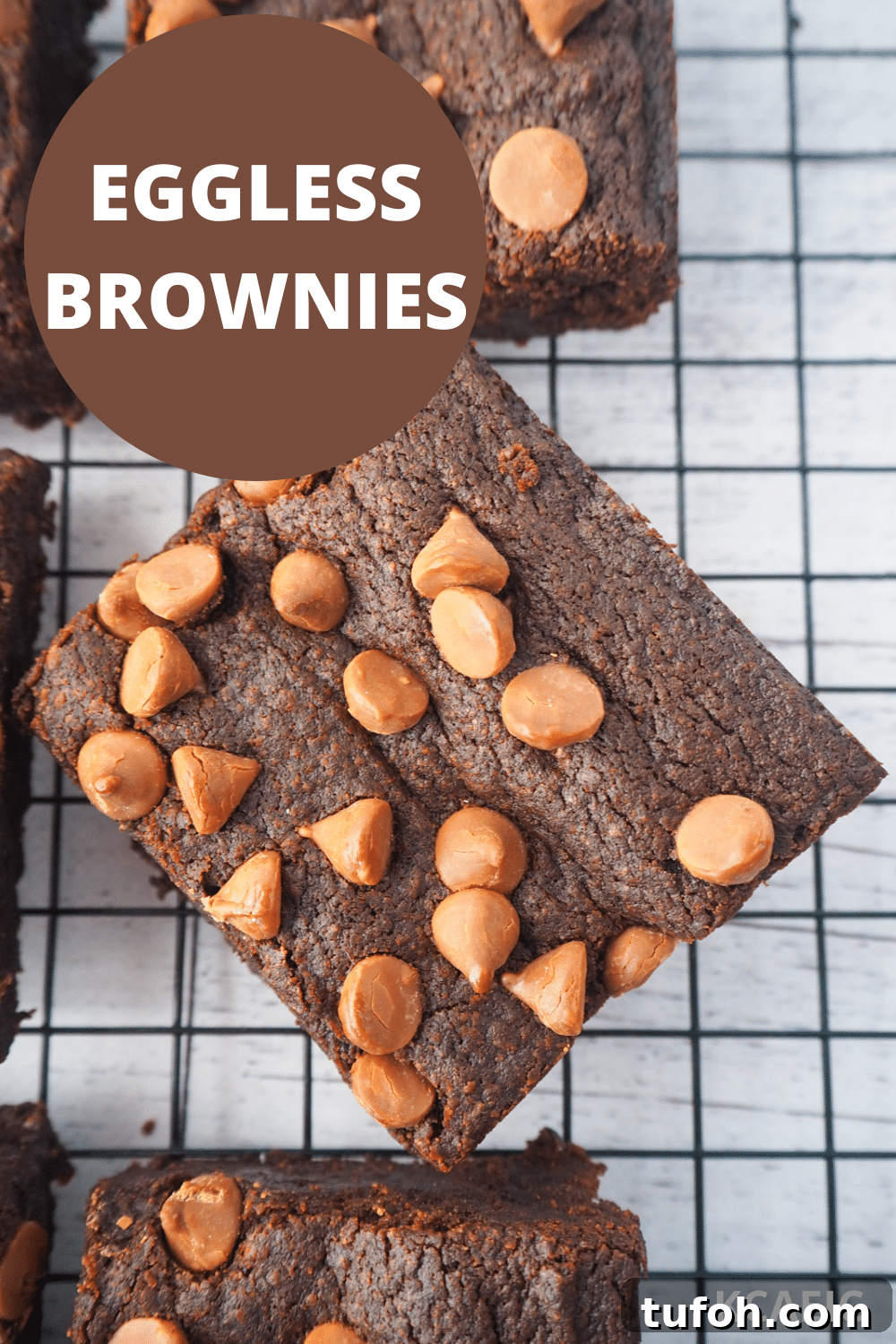 Decadent Egg-Free Brownies: Fudgy, Moist Recipe 16 Close up top down view of eggless brownies with text overlay, eggless brownies, KCAEIC.