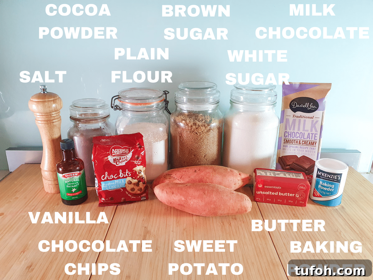 Decadent Egg-Free Brownies: Fudgy, Moist Recipe 3 Eggless brownie ingredients, vanilla, salt, cocoa powder, milk chocolate chips, plain flour, sweet potato, brown sugar, white sugar, unsalted butter, milk chocolate, baking powder.