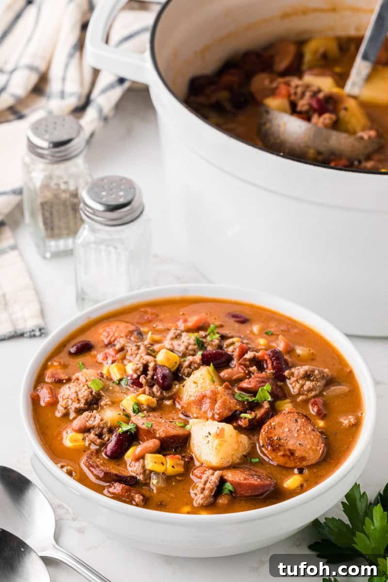 Hearty Cowboy Stew Recipe: Classic Beef and Bean Dinner 12 closeup of the Cowboy Stew in a white bowl.