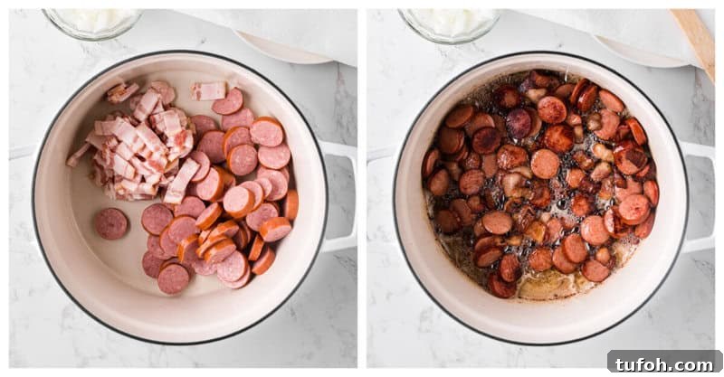 Hearty Cowboy Stew Recipe: Classic Beef and Bean Dinner 5 cooking the bacon and sausage in the pot for the stew.